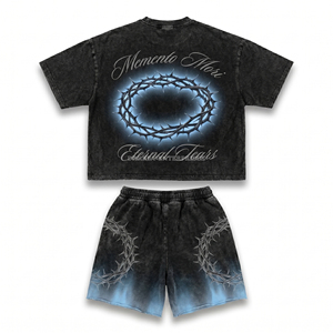 Ensemble de t-shirts gothiques pour hommes, imprimé couronne d'épines noire de Jésus, col rond, design Memento Mori, style streetwear d'été - Product Image 2
