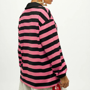 Polo à manches longues rayé pour femme, de haute qualité, noir et rose, tricoté, décontracté, longueur normale, manches complètes, style rugby - Product Image 2