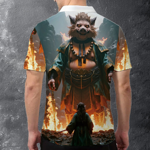 Polo pour homme avec motif de guerrier mythique en 3D |   T-shirt à col zippé fantaisie avec sublimation de personnage |   Haut streetwear Flaming Armor - Product Image 5