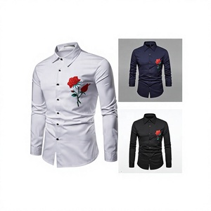 Chemise habillée brodée motif rose pour homme, manches longues, style décontracté chic, blanc, marine, noir, motif floral frontal, en popeline, col rabattu - Product Image 3