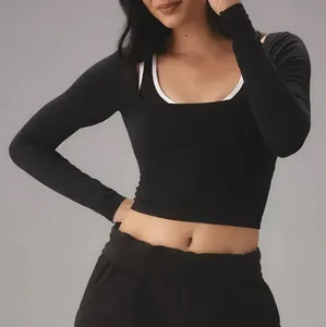Women Long Sleeve <b>Crop</b> <b>Top</b> Black Knitted Spandex Polyester Slim Fit Casual O-Neck Solid Color Breathable - Product Image 1