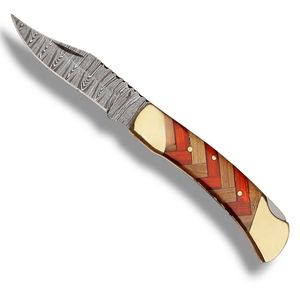 Couteaux pliants en acier Damas faits à la main avec étui en cuir, couteaux de poche portables pour la chasse, le camping, la randonnée, la survie en plein air et l'EDC - Product Image 2