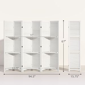 Divisorio per Stanza in Legno Alto 170 cm con 3 Ripiani, Schermo Pieghevole a 6 Pannelli Bianco per Camera da Letto in MDF e Carta - Product Image 3