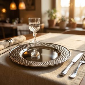 Assiette de table martelée polie miroir en acier inoxydable SS304 de 26 cm, style INS, faite à la main, pour la maison et les mariages - Product Image 2