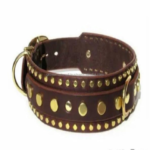 Heavy Duty Leather Dog Collar Pet Collar Design with Studs and Gemstone in Dark <b>Brown</b> Leather - Product Image 4