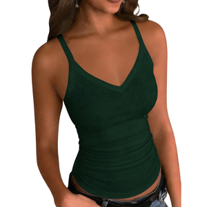 Camiseta sin mangas Modu para mujer, con cuello en V, acanalada, ajustada, elástica, suave, transpirable, informal, de verano, para el día a día, estilo vintage. - Product Image 1