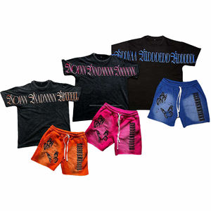 Ensemble T-shirt et short décontracté pour homme, 100 % polyester, délavé à l'acide, effet soleil, col rond, séchage rapide, sérigraphie et broderie - Product Image 5