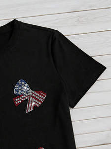 Camiseta de algodón con pedrería para mujer, fabricantes OEM, camisetas con cuello redondo estampadas personalizadas para damas - Product Image 2