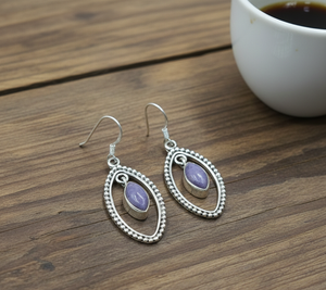 Pendientes Colgantes Hechos a Mano de Plata de Ley 925 con Charoita, Estilo Marquesa, Bohemio Vintage, Regalo de Joyería Elegante de Diseñador para Mujer/Mamá - Product Image 4