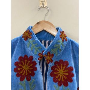 Hand Embroidered Knitted <b>Velvet</b> Cotton Jacket <b>Women</b> Mandarin Collar Full Sleeve Autumn Floral Pattern Open Front <b>Coat</b> - Product Image 3