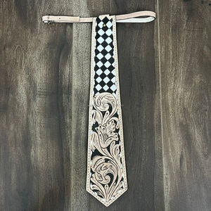 Nouveauté Cravate en cuir artisanale de style occidental avec motif en damier Sculpture artisanale Design unique Cravate unisexe - Product Image 5