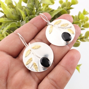 Pendientes de Plata de Ley 925 con Diseño de Hoja Dorada Redonda y Ónix Negro, Novedad 2026, para Mujer - Product Image 2
