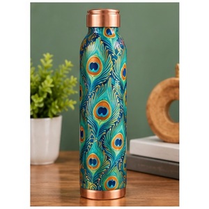 Bouteille d'eau en cuivre à motif floral ivoire, thermos de voyage portable avec couvercle, design à motif rouge et orange - Product Image 2