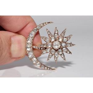 Broche lune en argent 925 plaqué or 14 carats, diamant de laboratoire taille rose, artisanale antique, certifiée, pour mariage, femme et homme - Product Image 1