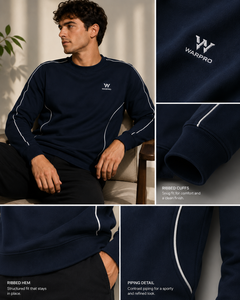 เสื้อสเวตเชิ้ตคอกลมสีน้ำเงินสำหรับผู้ชาย Warpro ทรงปกติ สีพื้น สวมใส่สบายๆ สำหรับฤดูใบไม้ร่วง ผลิตจากผ้าโพลีเอสเตอร์ถัก - Product Image 4