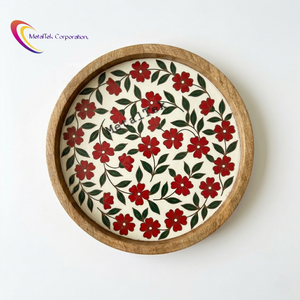 Bandeja Decorativa Redonda de Madera de Mango con Estampado Floral Esmaltado, Plato de Servir de Madera para Hotel, Fiesta, Regalo Artesanal, Bandejas de Cocina - Product Image 3