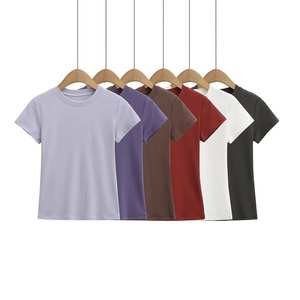 T-shirt de fitness d'été pour femme, col rond, compression, yoga, haut court, sans couture, en spandex doux et coton, grande taille, imprimé - Product Image 2