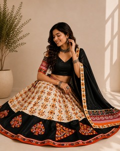 Ensemble Lehenga Choli Dupatta en pur coton Patola pour femmes, longueur au sol, séchage rapide, tenue ethnique indienne pakistanaise pour mariage, pour adultes - Product Image 4
