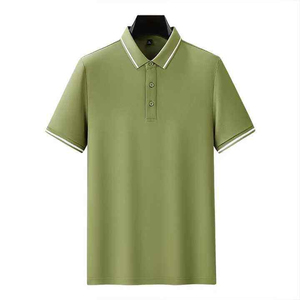 เสื้อโปโลแขนสั้นสีเขียวมะกอกสำหรับผู้ชาย ผ้าถัก สีพื้น ดีไซน์กระดุม สวมใส่สบาย ทรงปกติ - Product Image 5