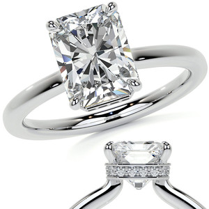 Bague solitaire en émeraude naturelle/diamant de laboratoire radiant avec halo caché et bande unie, bijoux pour femmes - Product Image 2