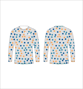 Maillot de sport personnalisé à manches longues en sublimation, léger, avec motif à pois aléatoires gris, bleu et orange, fabricant en gros - Product Image 1