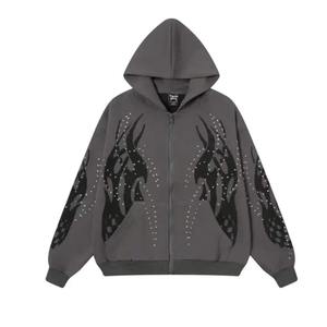 Sudadera con Capucha Gris para Hombre de Index Apparel, con Estampado de Llamas y Pedrería, Estilo Casual Urbano, Cierre de Cremallera, para Otoño - Product Image 6