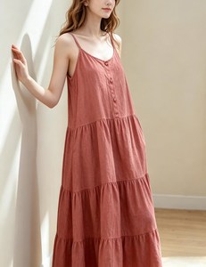 Robe maxi décontractée à volants en lin 100% écologique vert olive, couleur bonbon bohème, pour le printemps, l'été et l'automne - Product Image 3