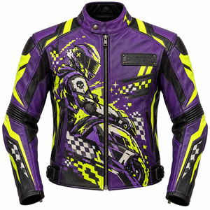 DARKRY Chaqueta de cuero morada para hombre con estampado amarillo neón, cuello alto, estilo motociclista, para carreras - Product Image 1