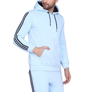 Ensemble de survêtement pour homme bleu clair à capuche, manches longues, couleur unie, vêtements décontractés, respirant, en polyester, avec poches latérales - Product Image 4