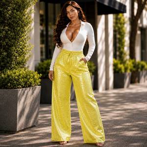 Pantalones anchos con estampado de cocodrilo amarillo, cintura alta, con cordón, ajuste holgado, longitud completa, color sólido, pantalones de mujer, estilo veraniego - Product Image 4