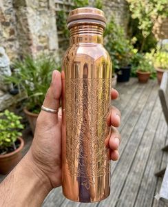 Engraved Pure Copper Water Bottle Handmade <b>Decorative</b> Ayurvedic Drinking Bottle Premium Copper Flask - Product Image 1
