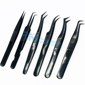 Ensemble de 6 pinces à épiler RMI, pointe lisse, acier inoxydable, revêtement couleur plasma noir, précision, longueur 10 mm - Product Image 1