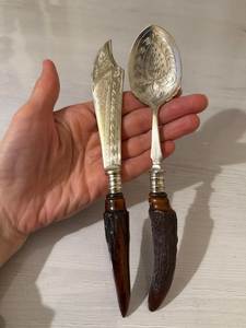 Natural Horn Handle <b>Kitchen</b> Utensils Serving Spoon Salad Servers Set <b>Vintage</b> Horn Style Black Handle Salad Flatware Set - Product Image 1