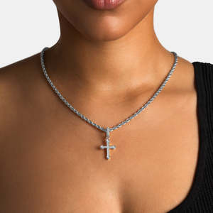 Luxury <b>Iced</b> <b>Out</b> Cross Pendant Necklace | White Gold Cross Pendant with Rope <b>Chain</b> | Hip Hop Religious Jewelry - Product Image 4