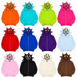 Sweat à capuche épais rose à picots avec imprimé visage d'étoile de dessin animé, fermeture éclair sur le devant, unisexe, décontracté, en polaire, pour l'hiver - Product Image 1