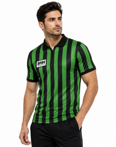 Men Green Black Striped Referee <b>Shirt</b> Half <b>Zip</b> Polo Collar Short Sleeve Professional Football Officials Performance Game Jersey - Product Image 4
