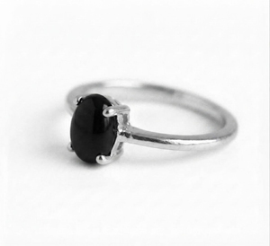Rhaya Jewels Women's Elegant Rhodium Plated 925 Sterling Silver Radiant Cut Cabochon Black Onyx Prong Set <b>Dainty</b> Trendy <b>Ring</b> - Product Image 2