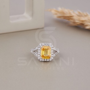 Emerald Cut Yellow Moissanite Halo 18K Gold Ring Featuring Elegant Shimmering Stones Stunning Luxury Engagement Wedding <b>Gift</b> - Product Image 5