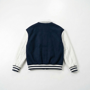 Navy Wool Body Varsity <b>Jacket</b> with <b>White</b> Leather Sleeves | Classic Letterman Bomber | OEM Custom Private Label - Product Image 2