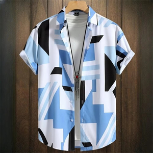 Nouvelle chemise d'été pour homme à col mandarin, manches courtes, boutonnée, motif uni, design décontracté de plage, 100% polyester, séchage rapide - Product Image 3