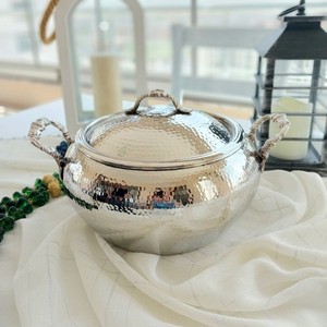Copper Food Serving <b>Pot</b> with Lid Silver Finish Premium <b>Cooking</b> Casserole for Kitchen Restaurant Hotel Buffet Durable Design - Product Image 2