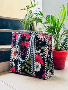 Veer Handicrafts <b>Canvas</b> Floral Tote Bag Making Material Panel Black for White Green Tropical Quilted Design Custom <b>Shopper</b> Bag - Product Image 3