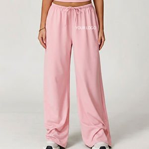 Pantalon large rose pour femme à prix abordable, taille haute, avec cordon de serrage, coupe ample, longueur complète, décontracté, couleur unie, en coton tricoté - Product Image 4