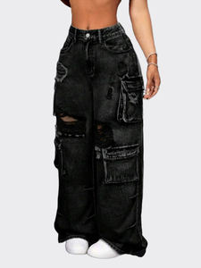 Jean cargo en denim déchiré taille haute pour femme, coupe ample, longueur intégrale, style streetwear, idéal pour l'automne, 100 % coton - Product Image 4