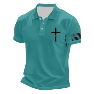 Chemise de golf Oxford décontractée pour homme, bleu clair, manches courtes, mélange polyester/coton, avec patch drapeau croisé, respirante, coupe régulière, 180g - Product Image 2