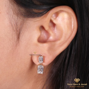 Boucles d'oreilles pendantes à double taille émeraude en diamant CVD cultivé en laboratoire, cadeau pour elle, or massif 14 carats, 2 TCW, couleur D, clarté VVS2, certifié IGI - Product Image 4