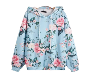Custom Women's Casual Light Blue Floral Printed Hoodie Oversized Drop Shoulder Pullover Long Sleeve Drawstring <b>Cute</b> <b>Sweatshirt</b> - Product Image 2