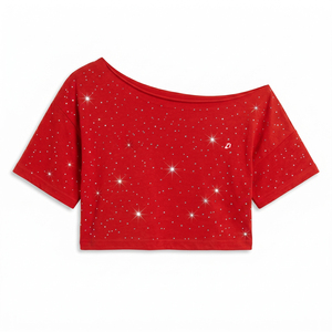 Asymmetrical One Shoulder <b>Red</b> Sparkly Tee Women's Shirts Supplier Custom Logo Gym Crop Top Bulk Streetwear Casual Summer <b>Blouses</b> - Product Image 3