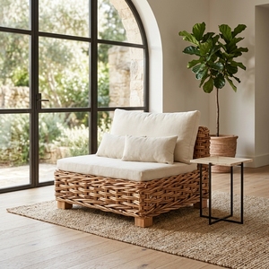 New Modern Minimalist Chunky Woven Rattan Single Sofa <b>Wood</b> Eco-Friendly Outdoor <b>Garden</b> Patio Living Room Seating Accent <b>Chair</b> - Product Image 3
