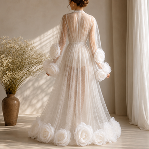 Vestido de Novia Elegante y Discreto de Tul Blanco Brillante con Mangas Florales 3D y Dobladillo Largo para Primavera/Verano, Ropa de Dormir para Mujer - Product Image 4